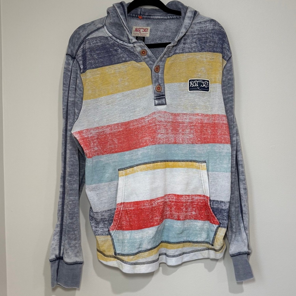 Lost Enterprises Striped Hooded Henley Pullover Hoodie Surf Style Y2K Mens‎ M